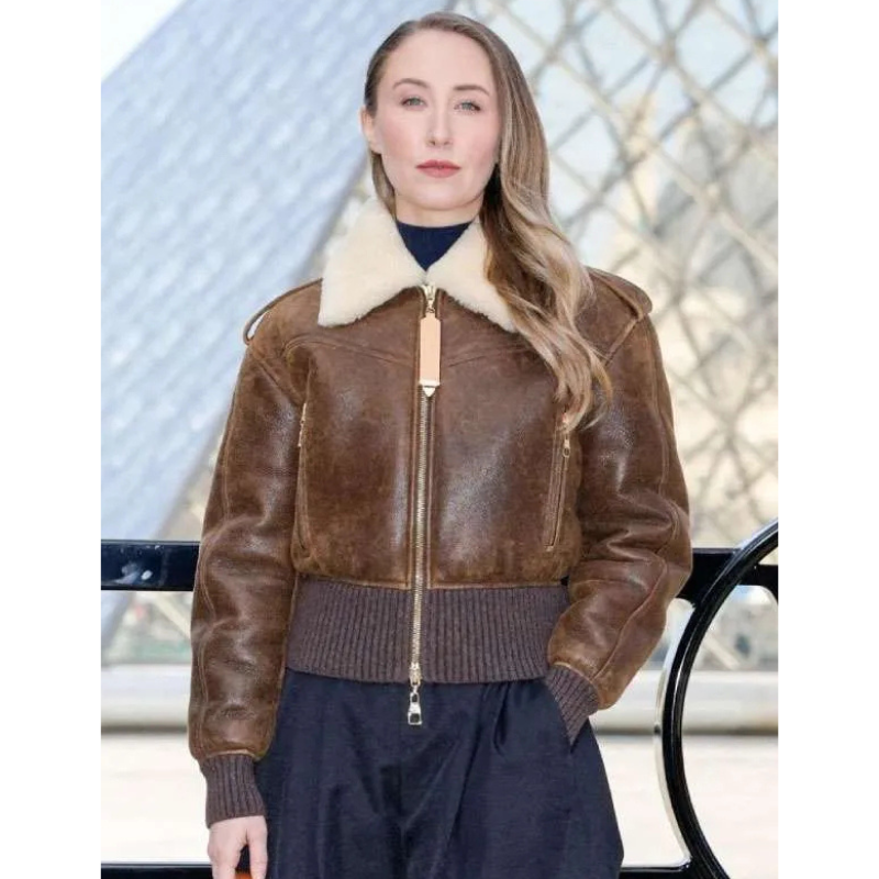 Erin-Doherty-LV-PFW-2026-Shearling-Brown-Leather-Jacket Erin Doherty PFW 2026 Shearling Brown Jacket - Image 1