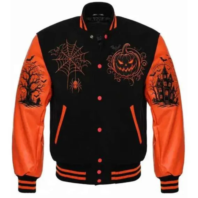 Gothic-Spooky-Halloween-2026-Black-and-Orange-Varsity-Jacket Spooky Halloween Varsity Jacket - Image 1