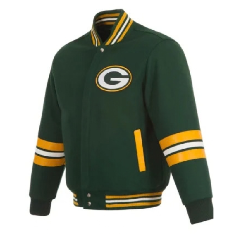 Green-Bay-Packers-Striped-Green-Varsity-Wool-Jacket-350x425 Green Bay Packers Striped Green Varsity Wool Jacket - Image 1