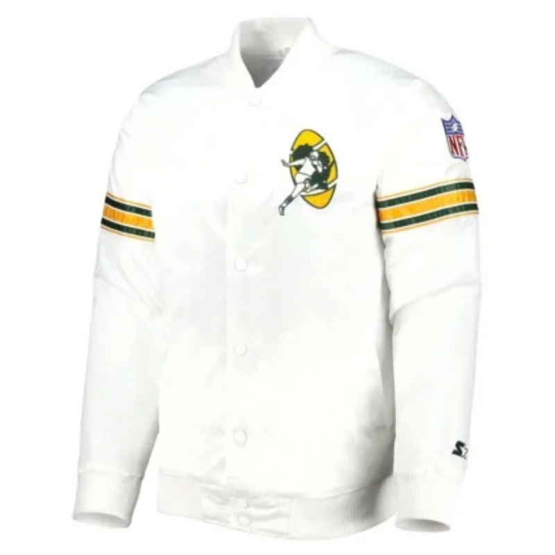 Green-Bay-Packers-The-Power-Forward-Satin-White-Jacket-350x425 Green Bay Packers The Power Forward Satin White Jacket - Image 1
