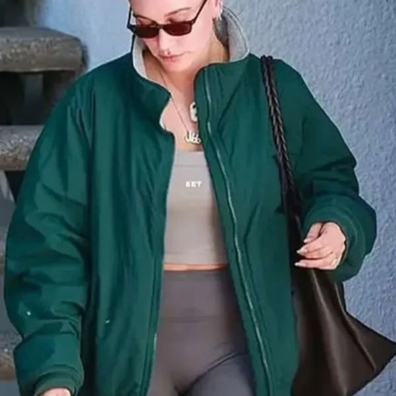 Hailey-Bieber-2024-Oversized-Green-Bomber-Jacket Hailey Bieber Los Angeles 2024 Green Bomber Jacket - Image 1