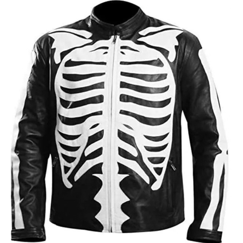 Halloween-Party-Black-Leather-Jacket Halloween Party Skeleton Bones Black Leather Jacket - Image 1