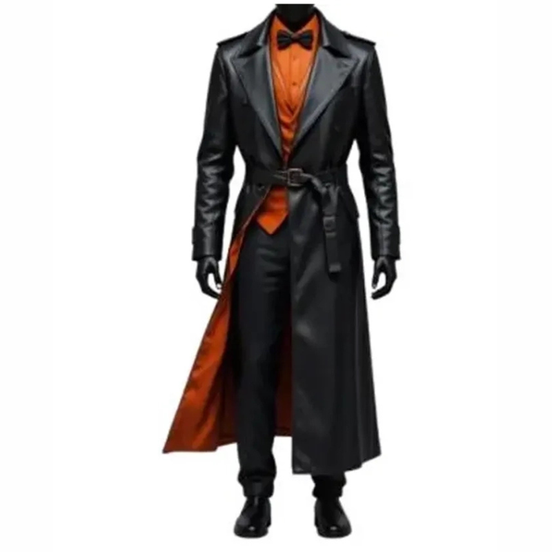 Halloween-Pumpkin-Black-Leather-Long-Coat Halloween Pumpkin Black Leather Long Coat - Image 1