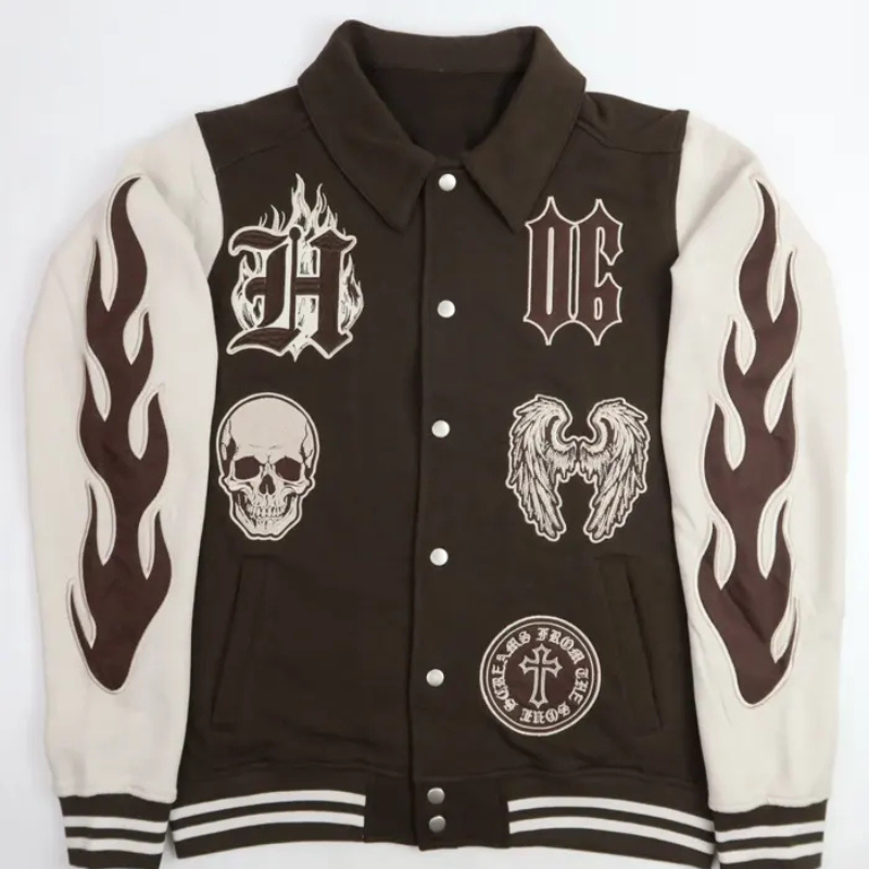 Halloween-Skull-x-Wings-Brown-and-White-Varsity-Jacket-Back Halloween Skull x Wings Varsity Jacket - Image 1