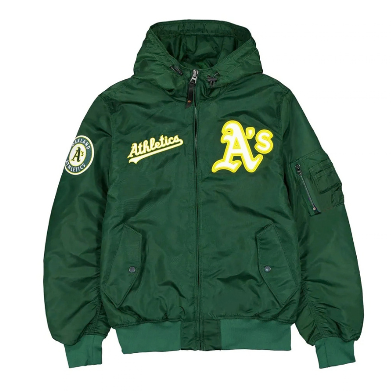 Historic-L-2B-Oakland-Athletics-Hooded-Bomber-Jacket-Frontside (2) Historic L-2B Oakland Athletics Hooded Bomber Jacket - Image 1
