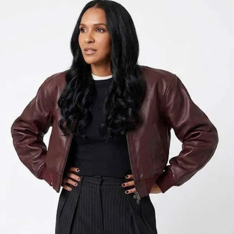 Honest-Renovations-2026-Lizzy-Mathis-Burgundy-Bomber-Leather-Jacket Lizzy Mathis Honest Renovations S04 Burgundy Leather Jacket - Image 1