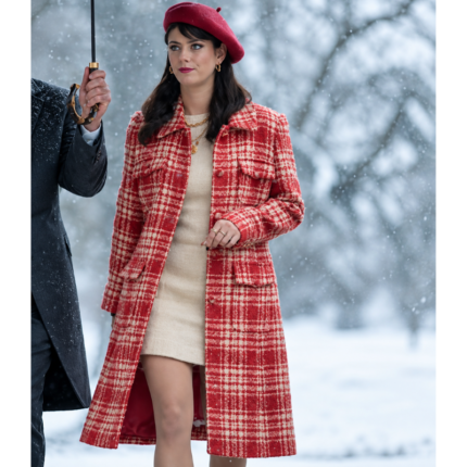 Susie Glass Coat red and white plaid wool blend style with turndown collar