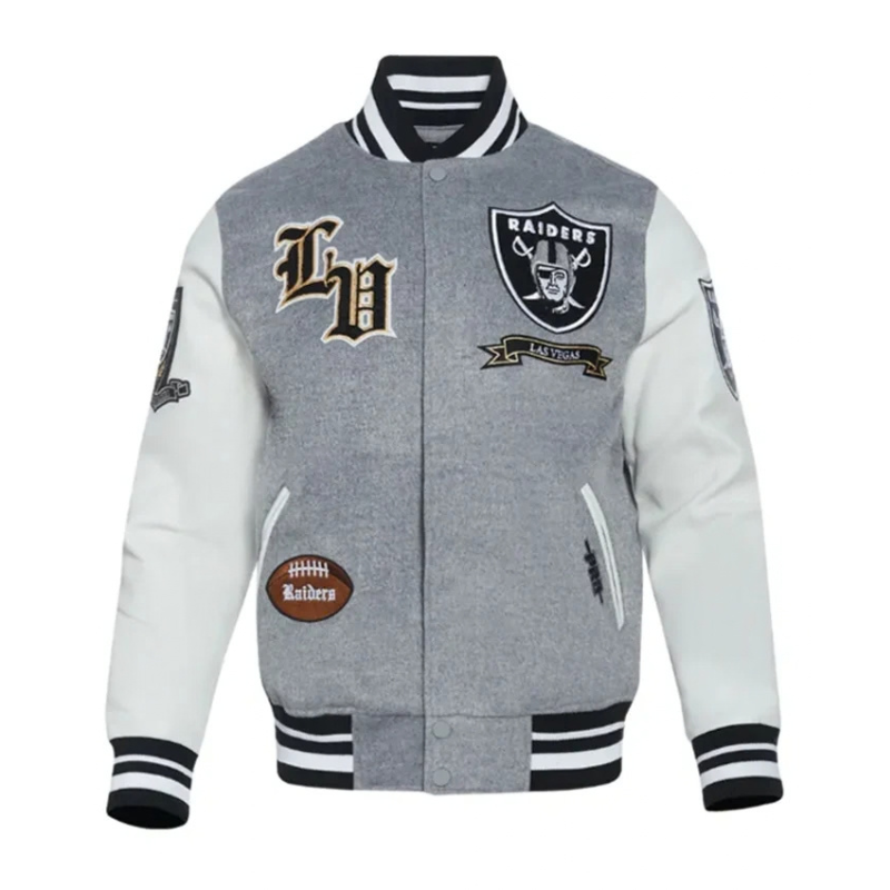 Las-Vegas-Raiders-Prep-Varsity-Wool-Leather-Jacket-grey-left Las Vegas Raiders Prep Varsity Wool-Leather Jacket - Image 1