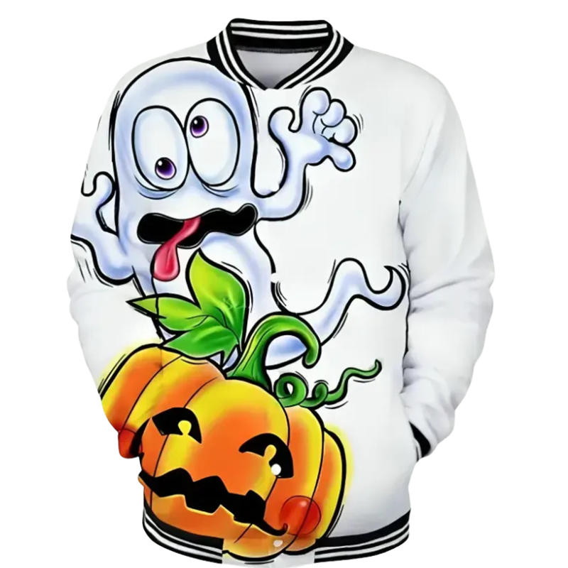 Mens-Funny-Halloween-Pumpkin-Print-Varsity-Jacket-front Men’s Funny Halloween Pumpkin Print Varsity Jacket - Image 1