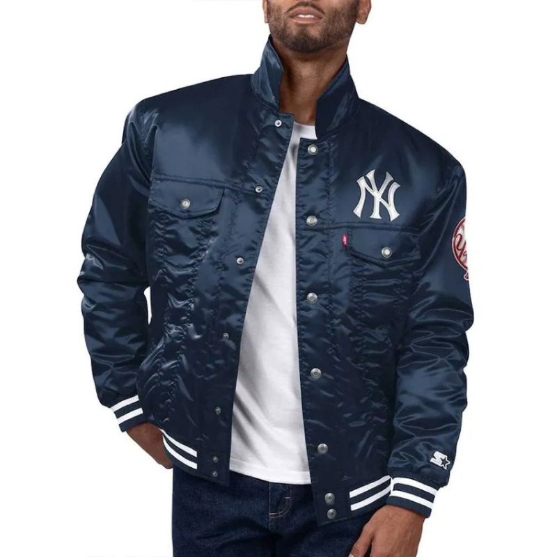 New-York-Yankees-Navy-Silver-Tab-Satin-Trucker-Jacket New York Yankees Navy Silver Tab Satin Trucker Jacket - Image 1