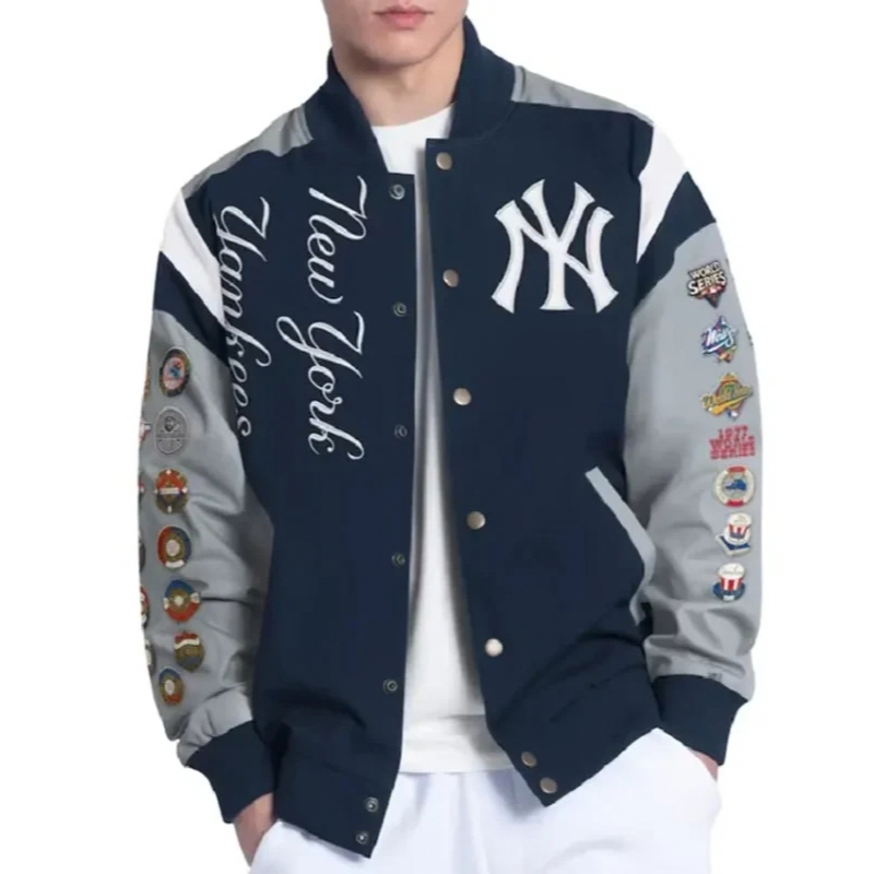 New-York-Yankees-World-Series-Champions-Strong-Safety-Commemorative-Navy-and-Grey-Varsity-Jacket-Back NY Yankees Strong Safety Commemorative Navy Jacket - Image 1