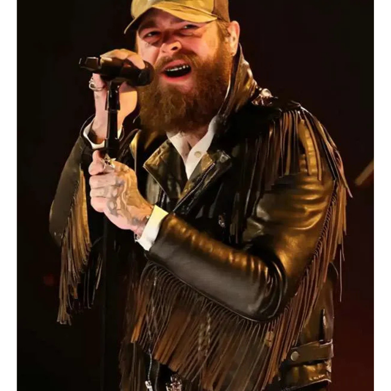 Post-Malone-Black-Fringe-Jacket Post Malone Grammy Awards 2026 Black Fringe Jacket - Image 1