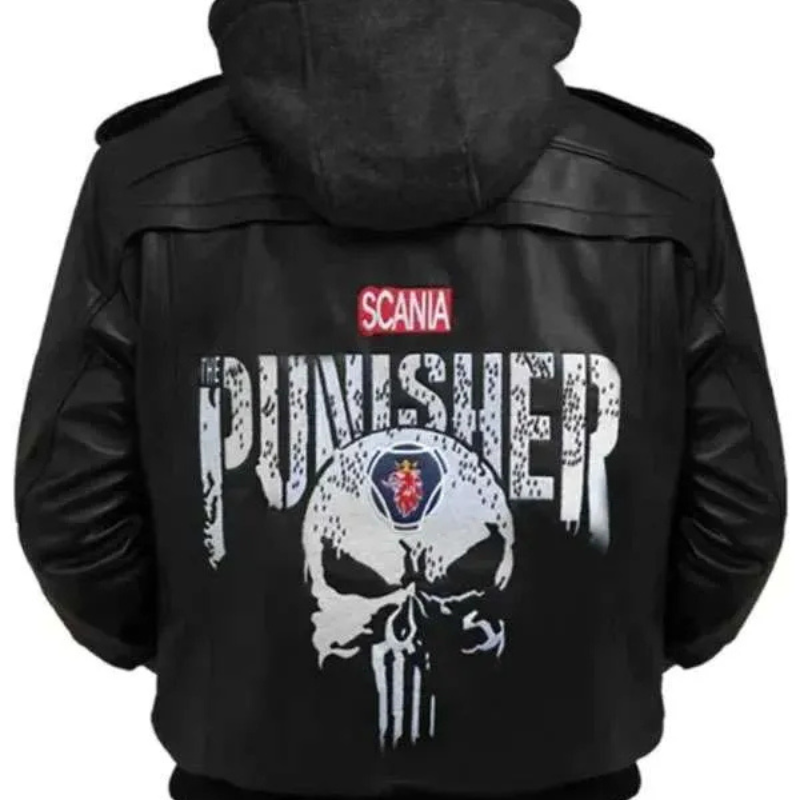 Scania-Punisher-Hooded-Black-Leather-Jacket Punisher Black Hooded Bomber Jacket - Image 1