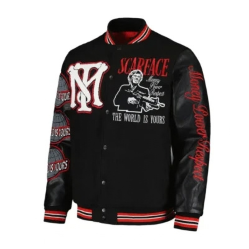 Scarface-The-World-Is-Yours-Black-Varsity-Jacket-For-Sale-329x400 Scarface The World Is Yours Black Varsity Jacket - Image 1