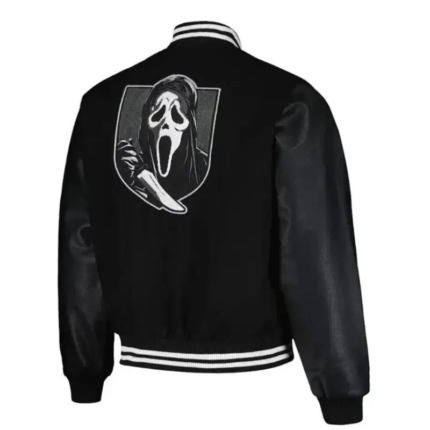 Ghostface varsity jacket back view in black and white with white leather sleeves and large Scream Ghostface graphic.