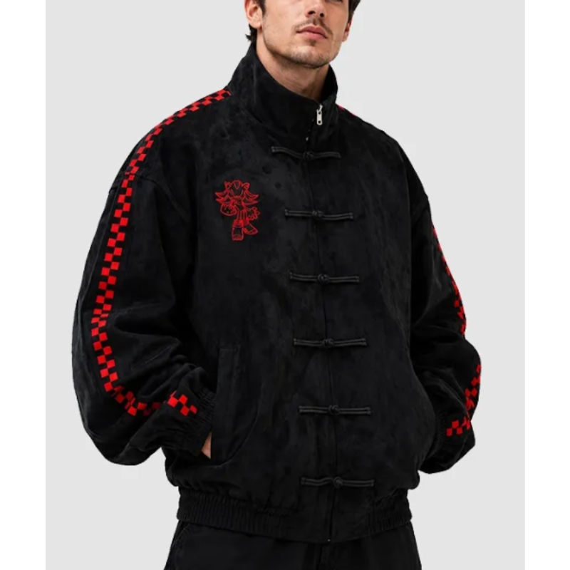 Shadow-The-Hedgehog-Black-Suede-Bomber-Jacket Shadow By NEPTUN X Sonic Bomber Jacket - Image 1