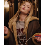 Gigi Hadid Dark Brown Aviator Shearling Jacket