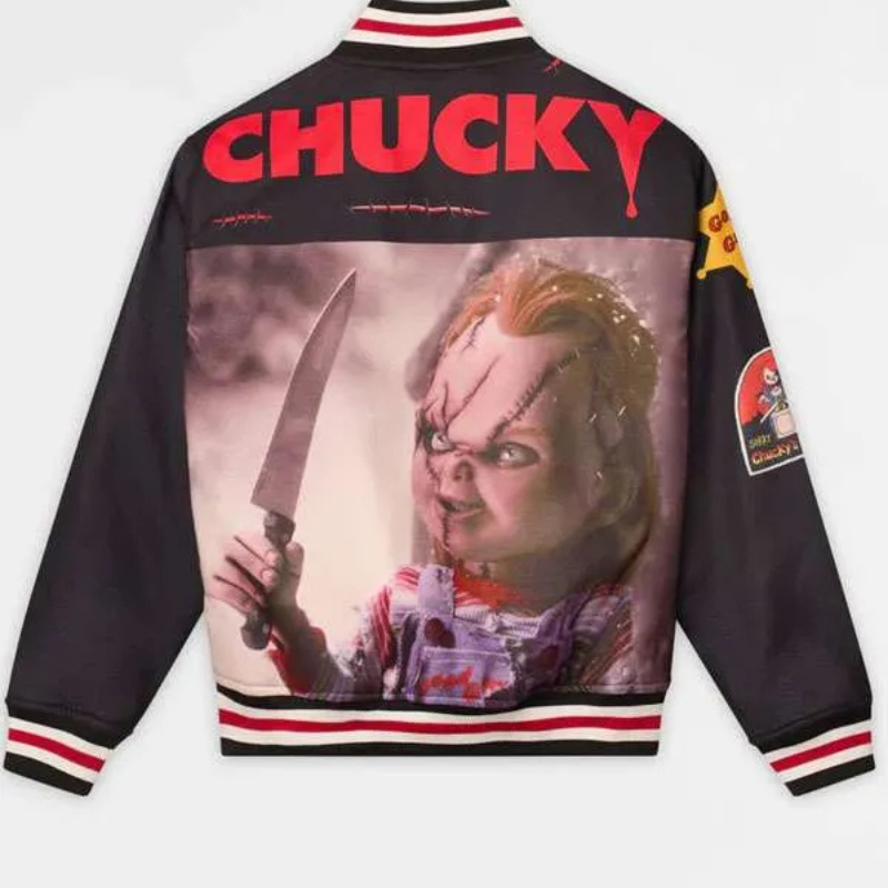 Snitches-Get-Stitches-Chucky-Wanna-Play-Black-Bomber-Jacket Halloween Chucky Black Varsity Jacket - Image 1