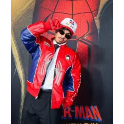 Man wearing a red and navy Spider-Man-inspired jacket with white spider graphics, a white shirt, black tie, and black trousers.