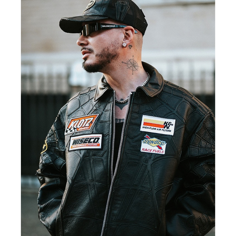 Street-Photoshoot-2026-J-Balvin-Spider-Web-Black-Leather-Racing-Jacket-Closeup J Balvin Spider Web Leather Jacket - Image 1