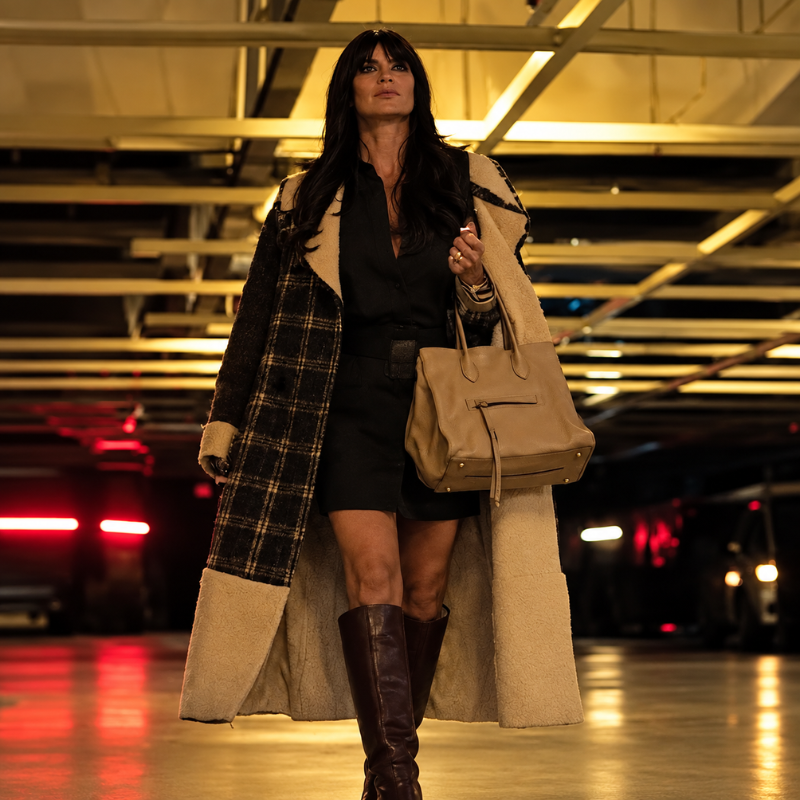 Susie-Glass-TV-Series-The-Gentlemen-2026-Kaya-Scodelario-Shearling-Plaid-Coat-Front Susie Glass Plaid Coat styled with a black outfit and shearling lining