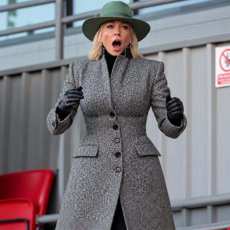 Ted-Lasso-S04-Hannah-Waddingham-Grey-Herringbone-Coat Hannah Waddingham wearing grey herringbone coat inspired by Ted Lasso style