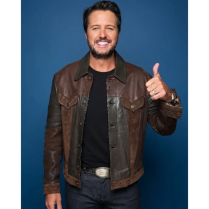 Luke Bryan wearing brown leather jacket with button closure and classic collar