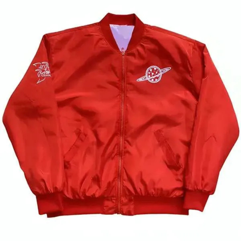 Unisex-Pizza-Planet-Bomber-Jacket Pizza Planet Red Bomber Jacket - Image 1