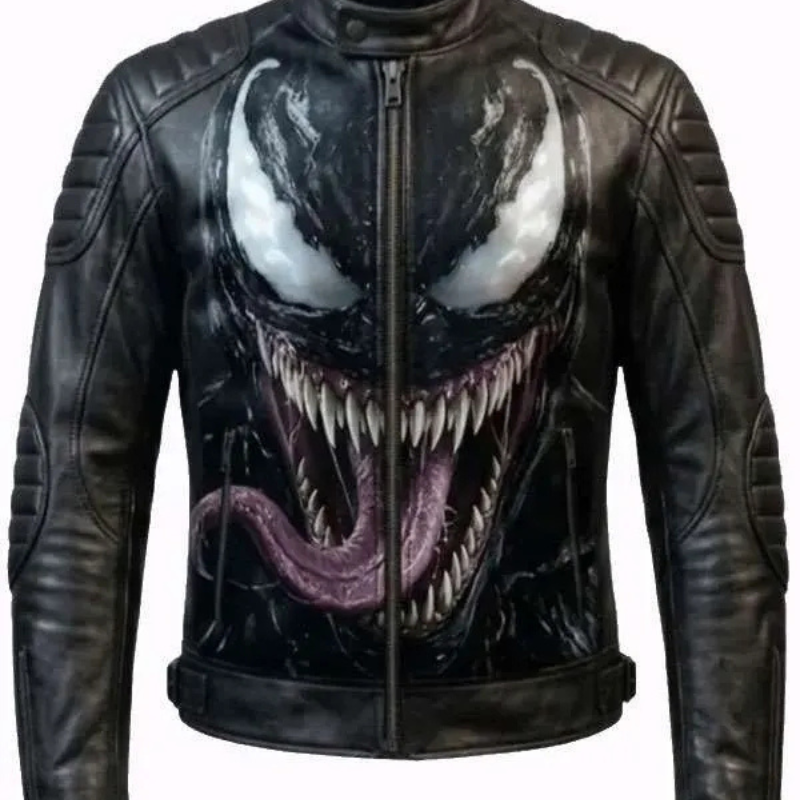 Venom-Face-Printed-Black-Biker-Leather-Jacket-For-Halloween Venom Face Printed Black Leather Jacket - Image 1