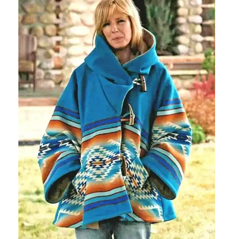 Womens-Yellowstone-Beth-Dutton-Turquoise-Blue-Hooded-Wool-Coat-front Womens Yellowstone Beth Dutton Turquoise Blue Hooded Wool Coat - Image 1