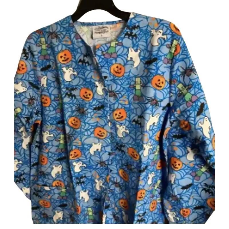 blue-spiders-pumpwebs-halloween-scrub-jacket Blue Spiders Pumpwebs Halloween Scrub Jacket - Image 1