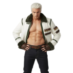 Captain Smoker Jacket styled with white leather, green fur trim, chest holders, and character-inspired details