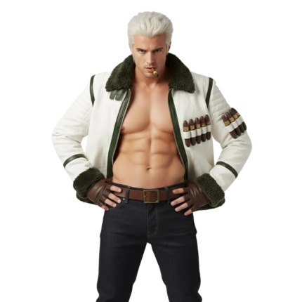 Captain Smoker Jacket styled with white leather, green fur trim, chest holders, and character-inspired details