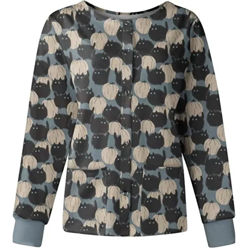 catspump-grey-halloween-scrub-jacket Catspump Grey Halloween Scrub Jacket - Image 1