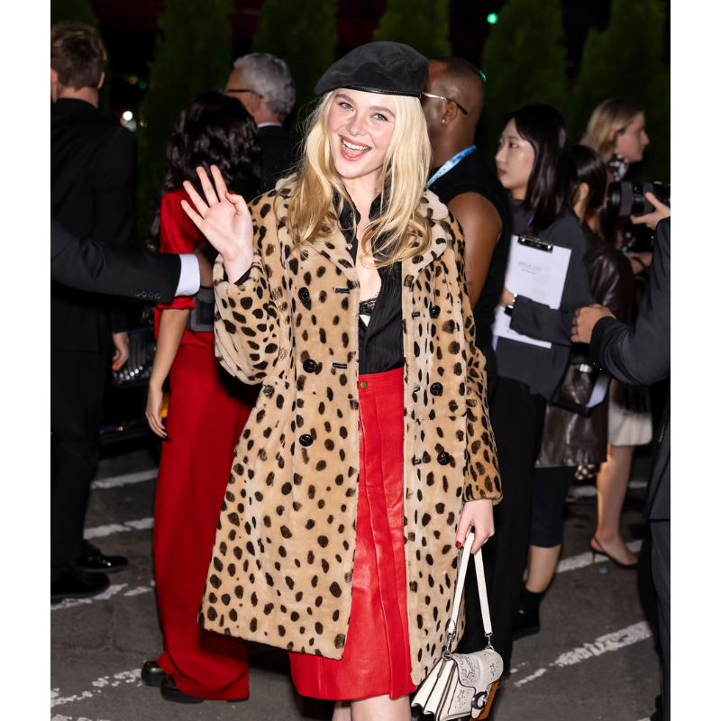 elle-fanning-coach-spring-summer-2027-leopard-print-coat-01 Elle Fanning Coach Spring/Summer 2027 Leopard Print Coat - Image 1