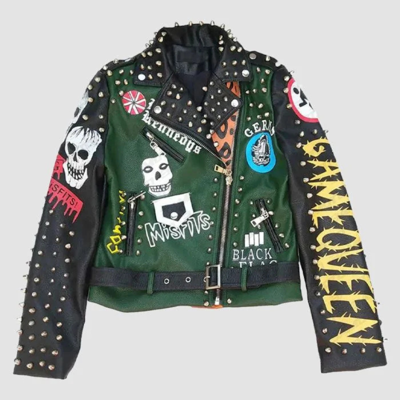 graffiti-studs-style-punk-skull-biker-pu-veste-10.jpg Graffiti Studded Punk Rock Vegan Leather Biker Jacket - Image 1