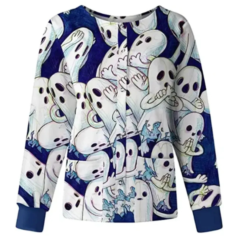 huging-ghosts-blue-halloween-scrub-jacket Huging Ghosts Blue Halloween Scrub Jacket - Image 1