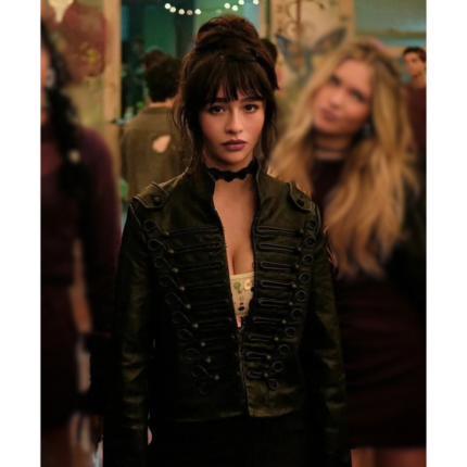Malina Weissman wearing a black military-style jacket with decorative front detailing and shoulder epaulettes