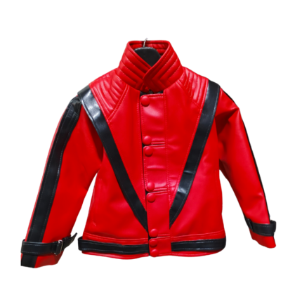 Red and black kids leather jacket full front view