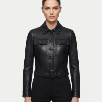 Miley Cyrus Bass Persuades Black Leather Cropped Jacket Front
