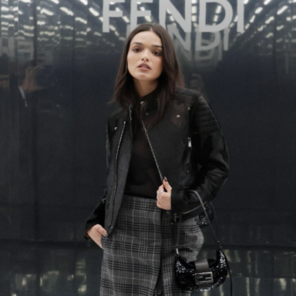 Rachel Zegler wearing a black jacket at the Fendi SS27 show