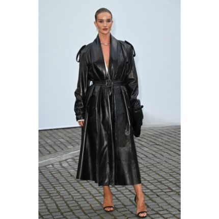 Rosie Black Trench Coat in real black leather with a long design, adjustable belt, notched lapel collar, and full-length sleeves.
