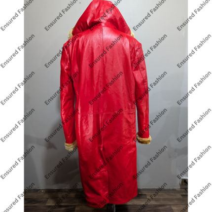 Back view of red Santa Claus leather coat with hood and fur cuffs