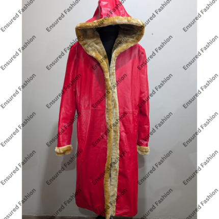 Red Santa Claus leather coat with gold fur trim and attached hood