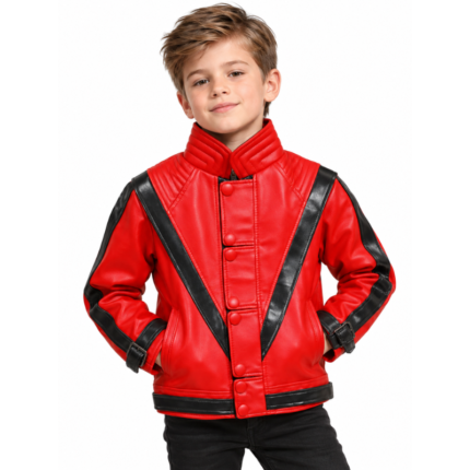 Kids red and black Thriller leather jacket front view