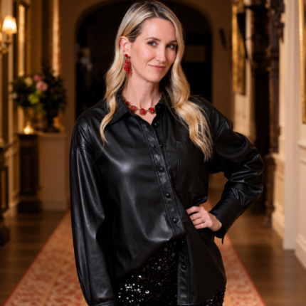 Abbey Benjamin inspired black leather shirt jacket worn with a black outfit