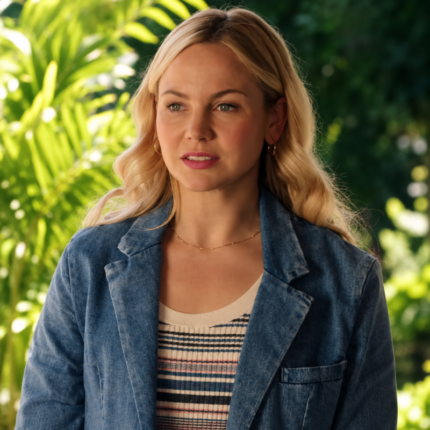 Adelaide Clemens RJ Decker Season 2 denim blazer in blue washed denim with notched lapels and a chest pocket.