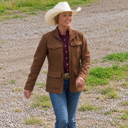 Brown western-style canvas jacket with four flap pockets styled with a white cowboy hat