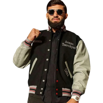 Arman Tsarukyan varsity jacket featuring a classic athletic design, ribbed collar and cuffs, button-front closure, and detailed team-inspired graphics.