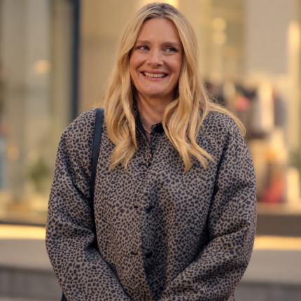 Beth Romola Garai wearing a taupe leopard print jacket in Adultery Season 1